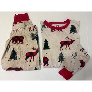 PJ Place Mens Pajama Set Medium M Beige Red Plaid Bear Reindeer 100% Cotton